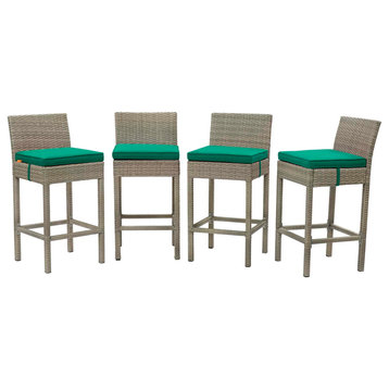 Contemporary Outdoor Patio Bar Stool Chair, Set of Four, Fabric Rattan, Green
