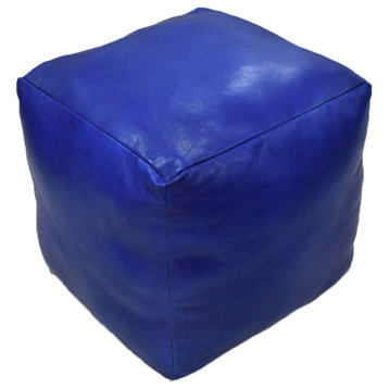 Solid Handmade Leather Pouf (Recycled Foam with Fibre Fill) PF12, Blue, [Square) 16x16x16