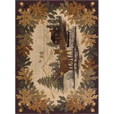 Oak Deer Novelty Lodge Pattern Brown Rectangle Area Rug, 5'x7'