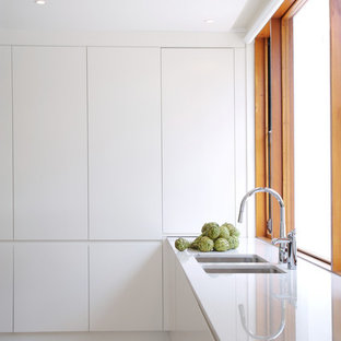 Modelo de cocina contemporánea con fregadero de doble seno, armarios con paneles lisos y puertas de armario blancas