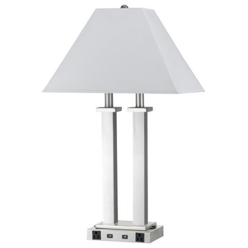 Benzara BM224694 Desk Lamp with Trapezoid Shade and Power Strip, Silver & White