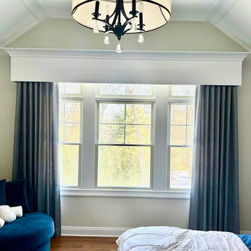 Side Drapery Panels & Alta Remote Control Roller Shades Under Custom Wood Cornic