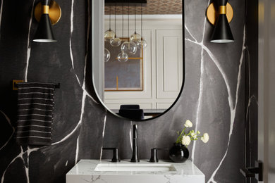 Inspiration for a transitional wallpaper powder room remodel in Philadelphia with open cabinets, white cabinets, marble countertops, white countertops and a freestanding vanity