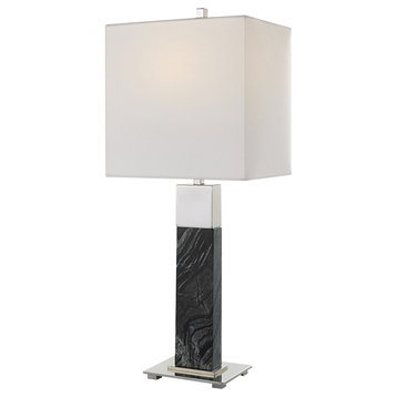 Classic Contemporary Veined Black Marble Table Lamp 27 in Silver White Column