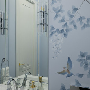 75 Beautiful Powder Room With Blue Walls And A Freestanding Vanity Pictures Ideas August 21 Houzz