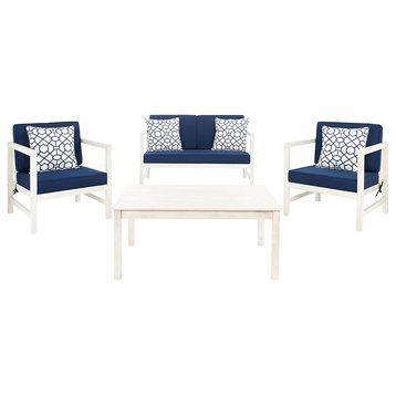 4 Pieces Patio Set, Eucalyptus Wood Frame With Cushions and Pillows, White/Navy
