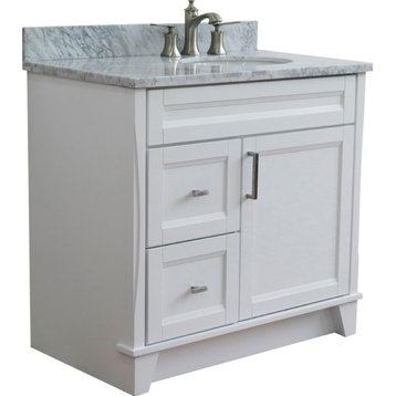 37" Single Sink Vanity, White Finish Top With White Carrara Marble