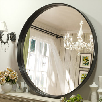 Round Bathroom Mirror Wall Mount Metal Framed Entryway Vanity Mirror, Black, 36"