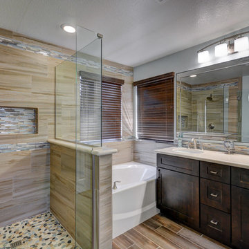 Contemporary Bathroom Tying Together Woods and Neutrals