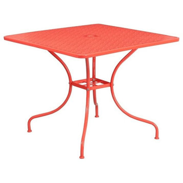 Flash Furniture 35.5" Square Steel Flower Print Patio Dining Table in Coral