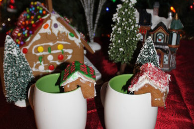 Mini gingerbread houses for mugs with hot cocoa.