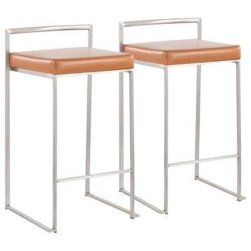 Fuji Stackable Counter Stool, Stainless Steel With Camel Faux Leather, Set of 2