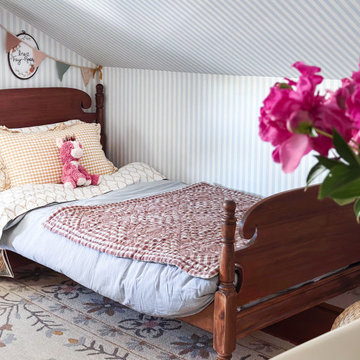 Charming Girls Bedroom Interior With Light Blue Classic Stripes Wallpaper