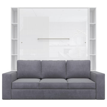 Wall Bed With Sofa, Cabinets, Queen, White/White/Gray
