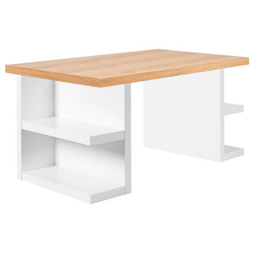 Contemporary Home Office Desk Leg Shelves, Oak Top/White Legs