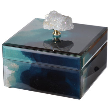 Benzara BM285002 Eve 6" Accessory Box, Elegant Stone With Finial Accent, Blue