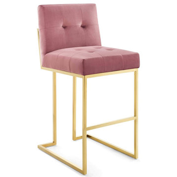 Contemporary Bar Stool, Stainless Steel Base With Velvet Padded Seat, Dusty Rose