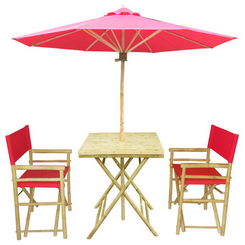 Set of Bamboo Square Table, 2 Director Chair, 1 Umbrealla, Red