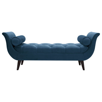 Alma Tufted Flared Arm Entryway Bench with Bolster Pillows, Satin Teal Velvet