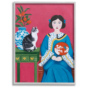Chinese Woman And Cat Red Green Blue Painting, 11"x14"
