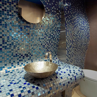 75 Beautiful Mosaic Tile Powder Room With Blue Countertops