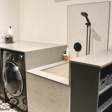 Mud room with dog shower