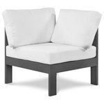 Meridian Furniture - Nizuc Water Resistant Patio Modular Chair, White, Dark Gray Aluminum Frame, Corner Chair - Pick and choose your favorites from the Nizuc collection to create a modular seating group the whole gang will enjoy. The sturdy aluminum frame provides dependable support for friends and family as they relax and unwind, and the resilient white water resistant fabric stands up to the elements without losing its beautiful demeanor, so you can count on it lasting for the long haul. Latches beneath these seating pieces help you easily attach them to one another for convenient setup.