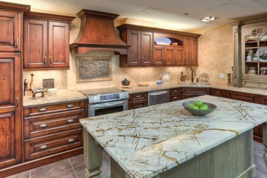 Inspiration for a large rustic u-shaped porcelain tile eat-in kitchen remodel in Toronto with an undermount sink, raised-panel cabinets, brown cabinets, quartz countertops, beige backsplash, stainless steel appliances and an island