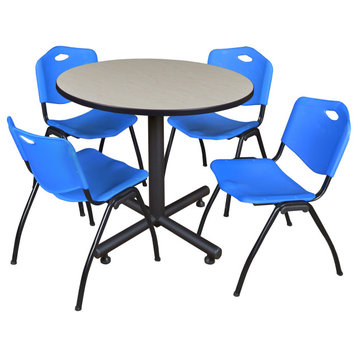 Kobe 42" Round Breakroom Table- Maple & 4 'M' Stack Chairs- Blue