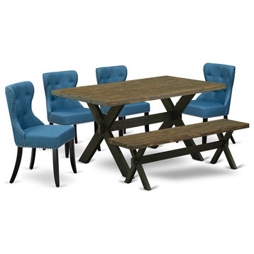 East West Furniture X-Style 6-piece Wood Dining Set in Jacobean/Black/Blue