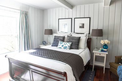 Bedroom - mid-sized transitional guest dark wood floor and brown floor bedroom idea in Toronto with white walls and no fireplace