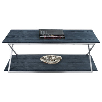 Elegant Coffee Table, Crossed Metal Frame & Lower Shelf, Black/Brushed Stainless
