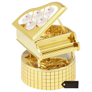 24K Gold Plated Wind Up Music Box With Crystal Studded Grand Piano Figurine