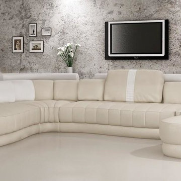 Cream and White Bonded Leather Sectional Sofa with Headrests