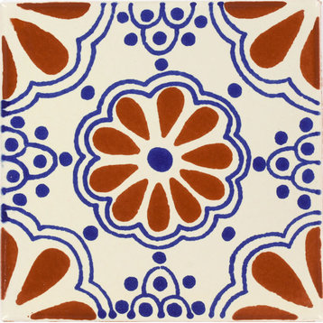 Handmade Tierra y Fuego Ceramic Tile, Terra Cotta & Blue Lace, Set of 9