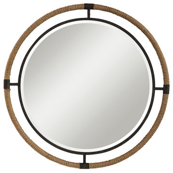 Coastal Rope Wrapped Frame Round Wall Mirror | Black 36" Vanity Rustic Cottage