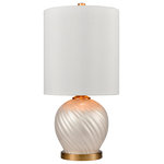 Elk Home - Koray Table Lamp - Bring opulence to a transitional living room or bedroom interior with the Koray Table Lamp. Its pleasing rounded shape is made from glass in a luxe white finish while its metal appointments and finial come in a sumptuous, aged brass. The tall, cylindrical shade is hard backed with an outer layer of white, faux silk and a gold, pony skin liner, that warms and enriches the glow from its single bulb. This design is fitted with a convenient line switch.
