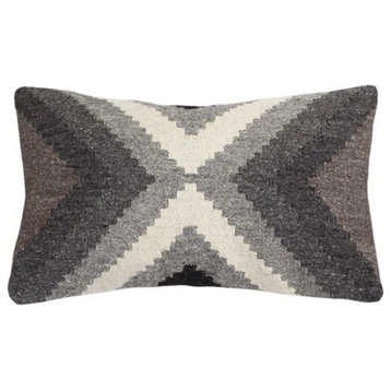 Hand Loomed Wool Boho Farmhouse Decorative Throw Pillow Cover - Gray, 12"x20"