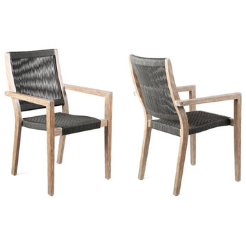 Armen Living Madsen Wood Outdoor Patio Arm Chair in Dark Gray/Teak (Set of 2)