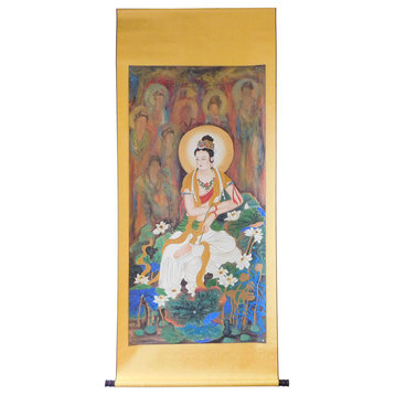 Handpainted Kwan Yin Bodhisattva Watercolor Scroll Painting Hcs1469