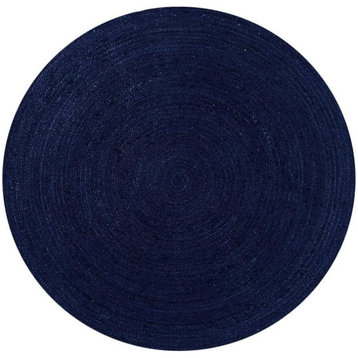 Farmhouse Round Area Rug, Natural Jute With Navy Blue Solid Print Pattern, 11'