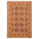 Bareens Designer Rugs - Shabby Chic Ziegler Laveta Brown Gold Hand-Knotted Wool Rug - 6'4'' x 8'5'' - Enhance the ambiance of your home with this magnificent Persian-influenced Turkish hand-knotted rug made by skilled artisans capable of creating the most exceptional vegetable dyes and hand-spun wool. This exquisite handmade rug is a one-of-a-kind Peshawar Kafkaz, otherwise identified as Chobi, Chobi Peshawar, Oushak, or Ziegler rug. These handmade rugs are crafted in Pakistan utilizing superior-quality wool imported from Australia, New Zealand, and Korea in two types of weaves: the Persian weave and the Mori weave. This rug is meticulously crafted by hand using the finest natural vegetable dyes extracted from local plants. The artisans use a blend of hand-spun local and fine merino wool, resulting in a rug with a compelling texture, higher lanolin content, and longer staple. The artisans occasionally incorporate natural or artificial silk into the pile to enhance specific motifs. The finished product is an awe-inspiring execution of flawless design and an understated palette that exudes elegance.