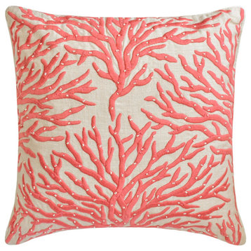 Peach Linen Coral Embroidery, Pearl, Beach Sea 24"x24" Pillow Cover, Coraline