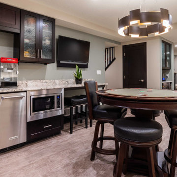 Modern Windowless Lower Level Media and Family Room Featuring "Faux Windows"