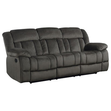 Pemberly Row 90" Traditional Microfiber Double Reclining Sofa in Chocolate