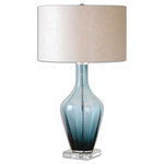 Uttermost - Hagano 1-Light Blue Glass Table Lamps - Translucent Dark Azure Blue Glass Accented With Crystal Details. The Round Hardback Drum Shade Is A Beige Linen Fabric With Natural Slubbing.