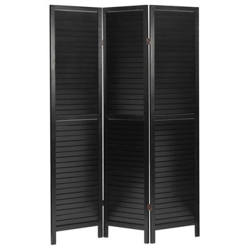 6' Tall Wooden Louvered Room, Black, 3 Panel