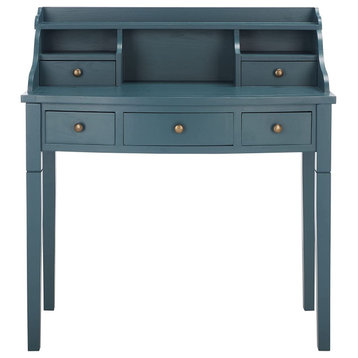 Traditional Writing Desk, Pine Wood Construction With 5 Drawers, Teal
