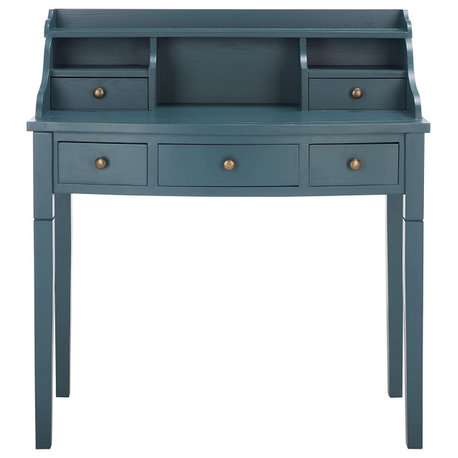 Traditional Writing Desk, Pine Wood Construction With 5 Drawers, Teal