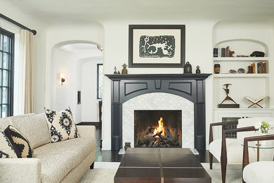 Living room - large transitional formal and enclosed dark wood floor and brown floor living room idea in Grand Rapids with beige walls, a standard fireplace, a tile fireplace and no tv